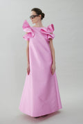 A-line satin dress with ruffles on the sleeves