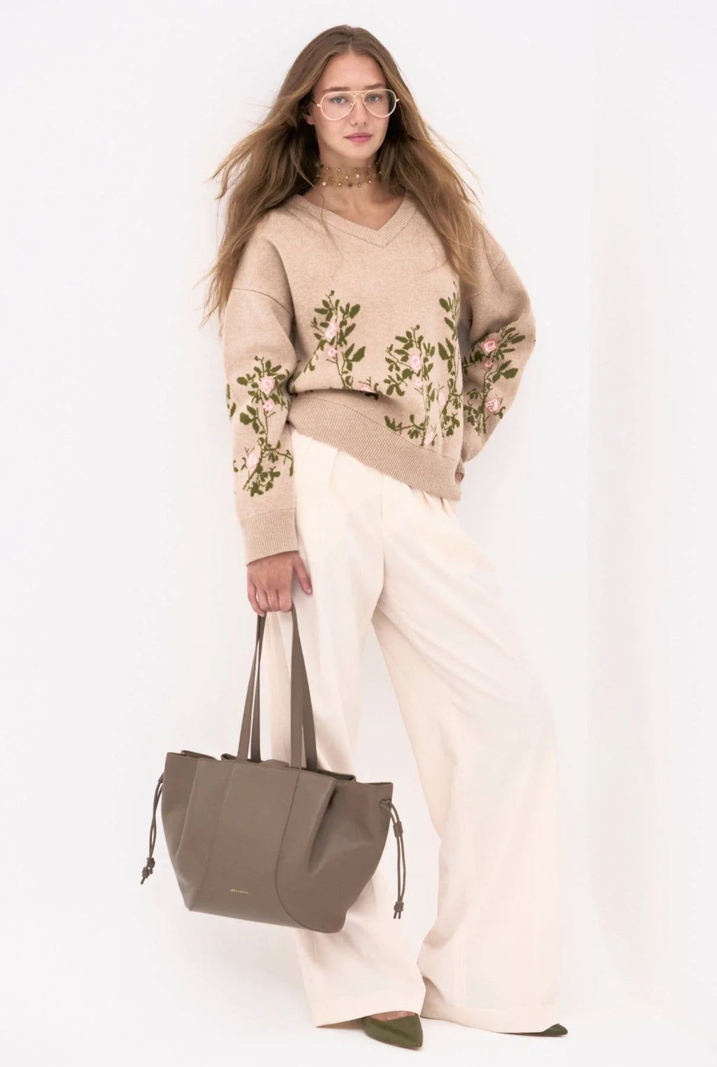 Jersey beige jacquard floral de lana cashmere