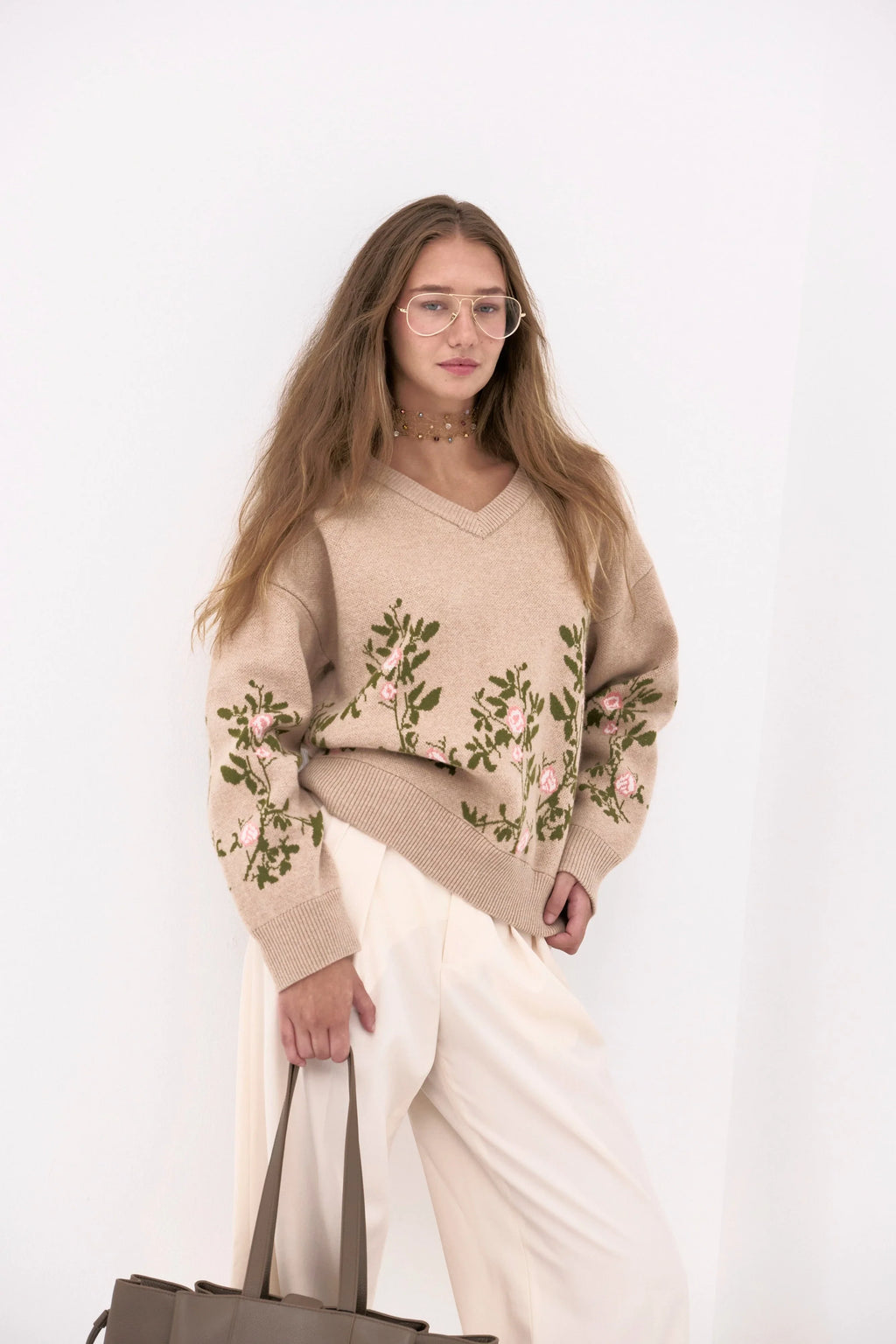 Jersey beige jacquard floral de lana cashmere