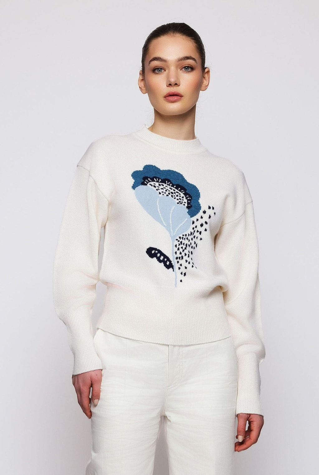 Jersey blanco jacquard floral de lana cashmere