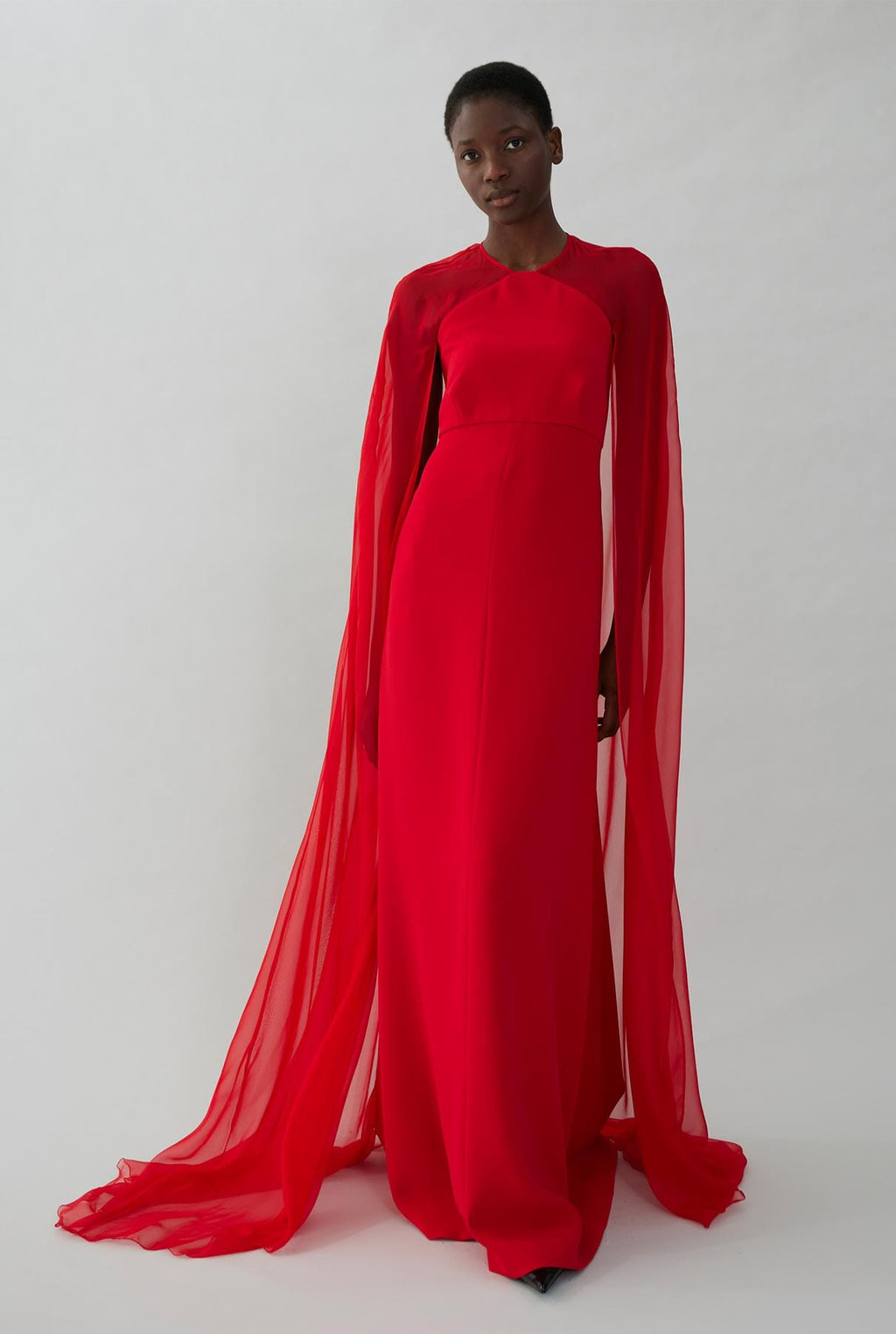 Crepe dress with long tulle sleeves