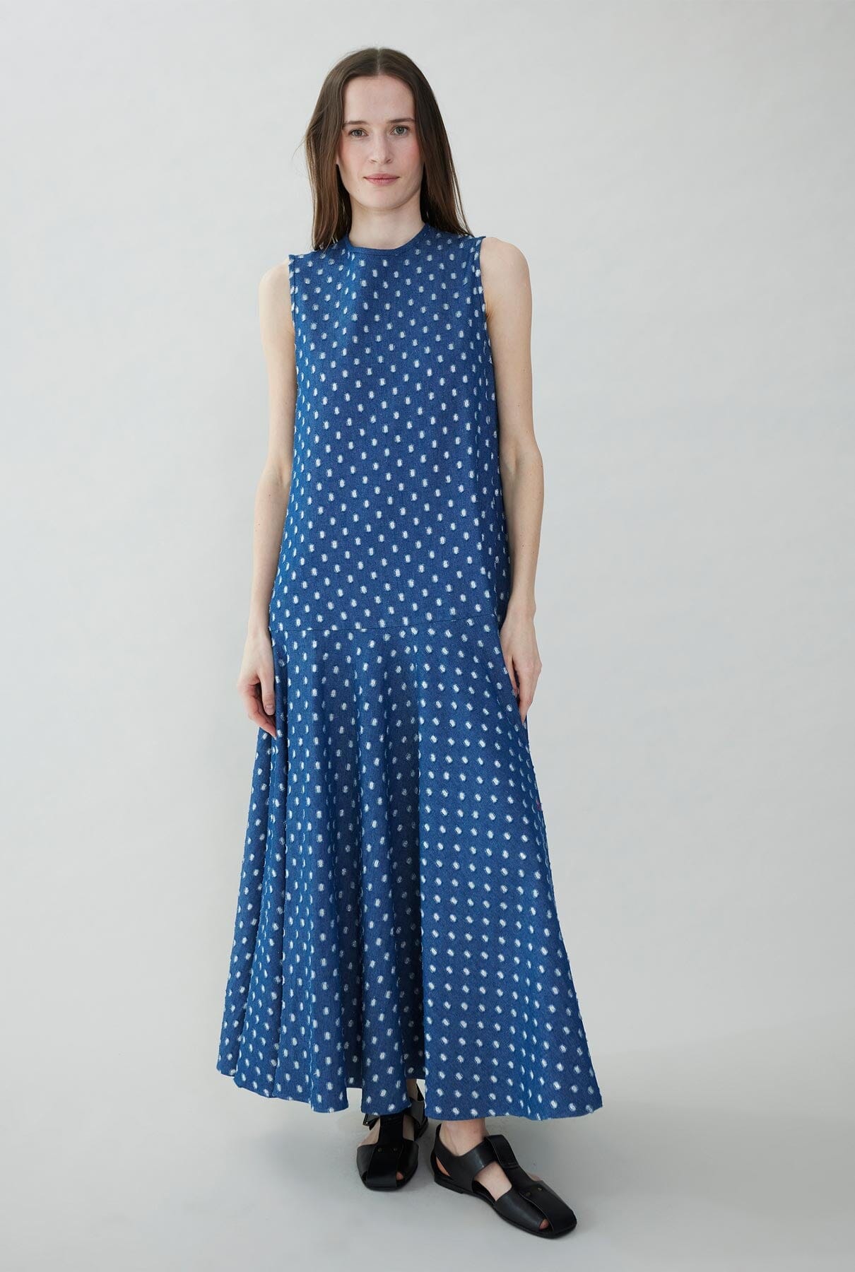 Denim dress with silver polka dots and ruffle