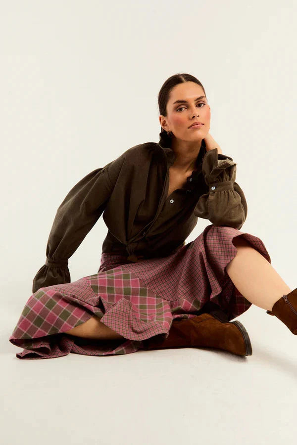 FALDA GILDA CUADROS ROSA Y KAKI