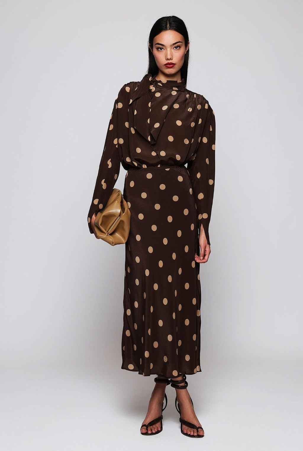 Falda midi marrón estampado lunares beige
