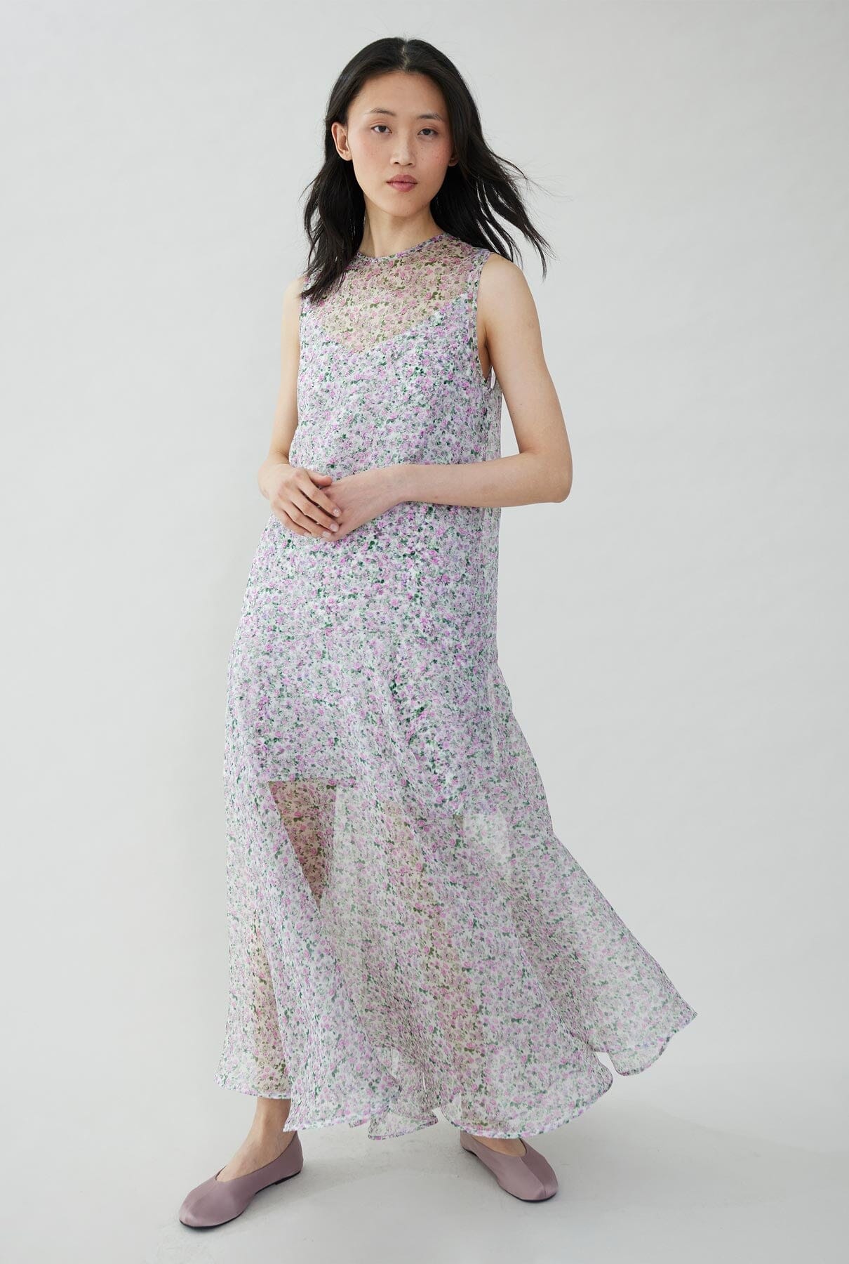 Floral print silk organza dress