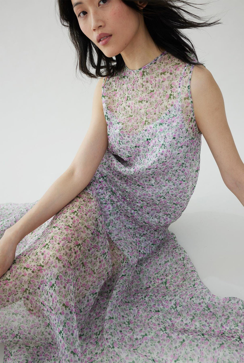 Floral print silk organza dress