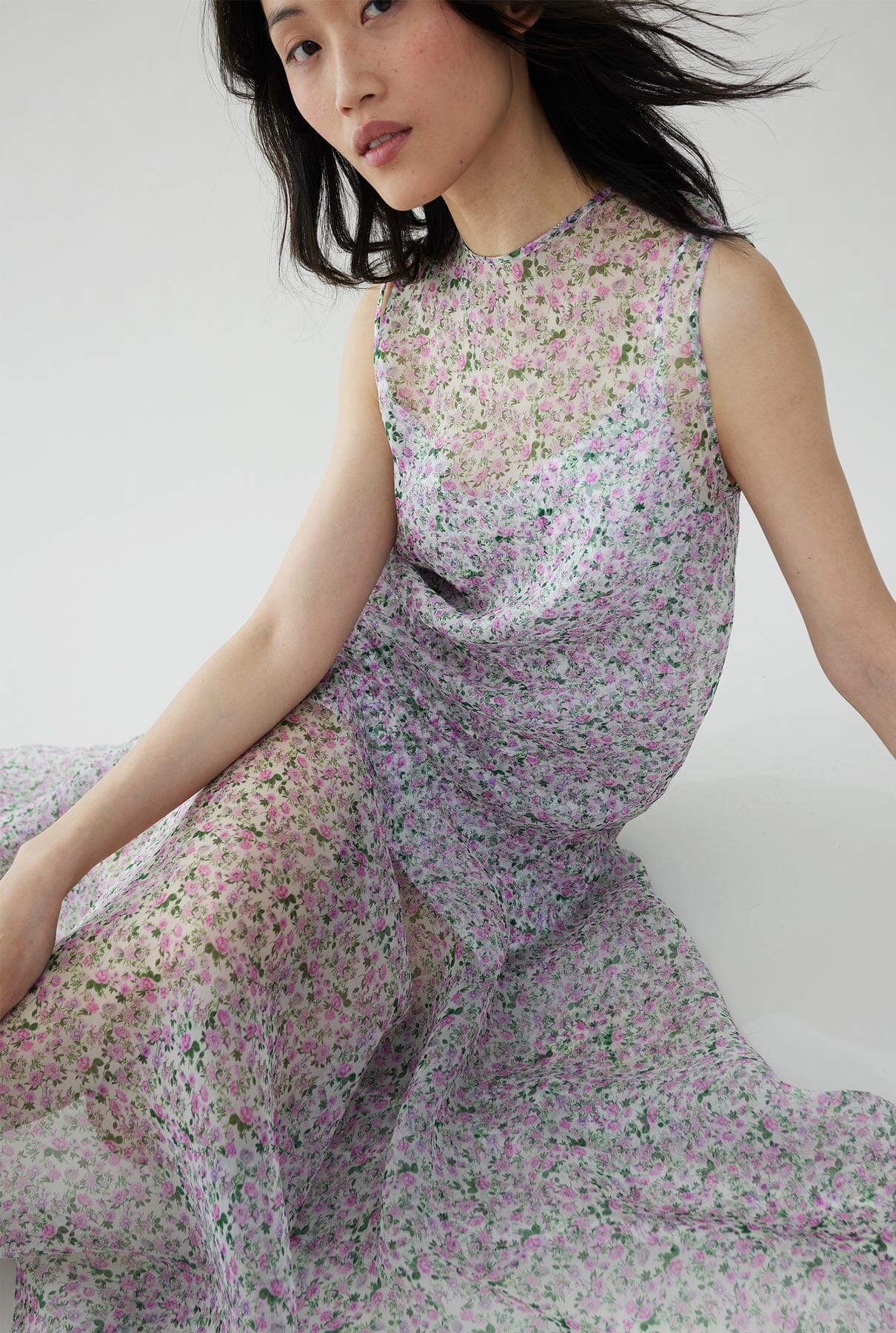 Floral print silk organza dress