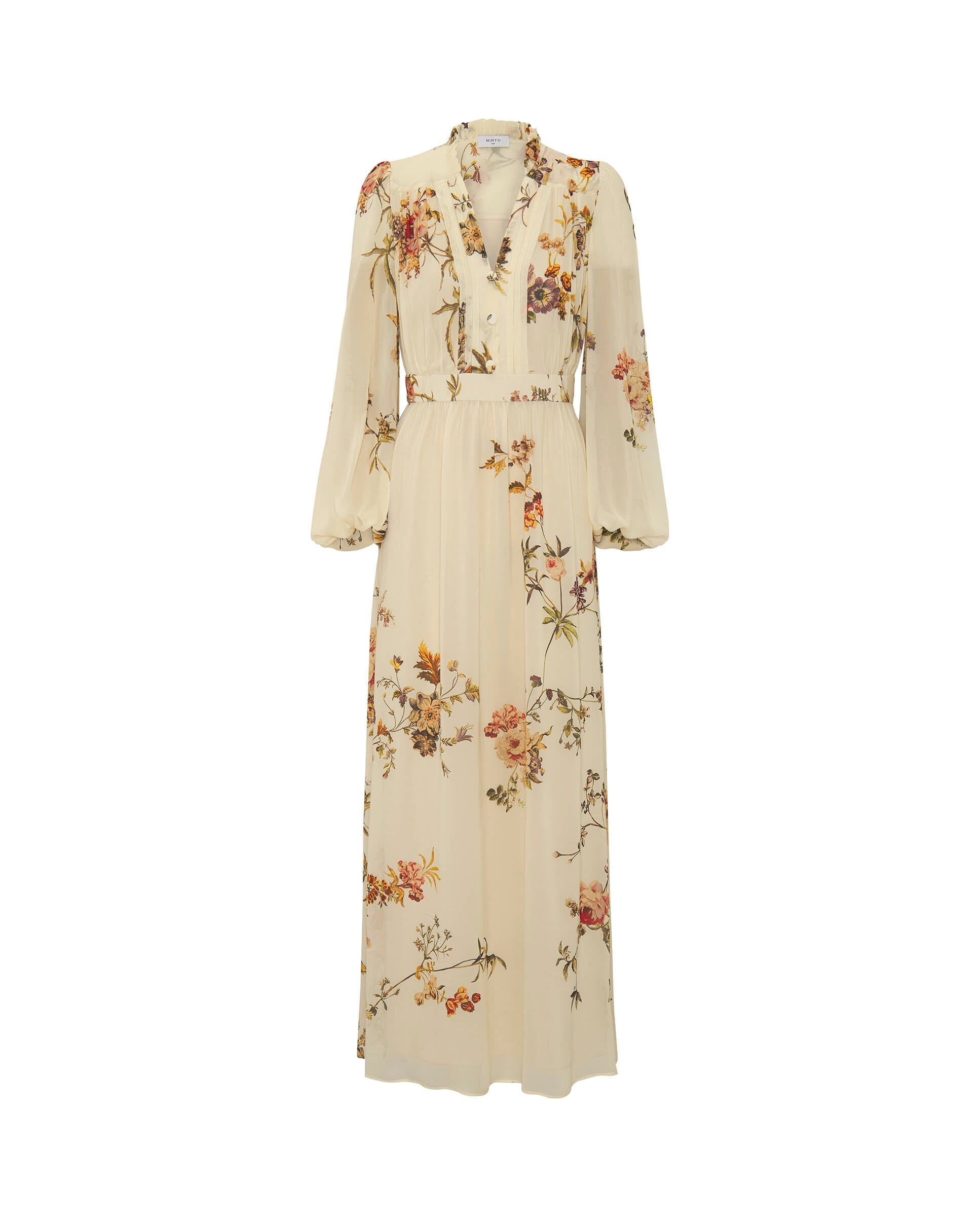 Vestido largo beige estampado floral de gasa