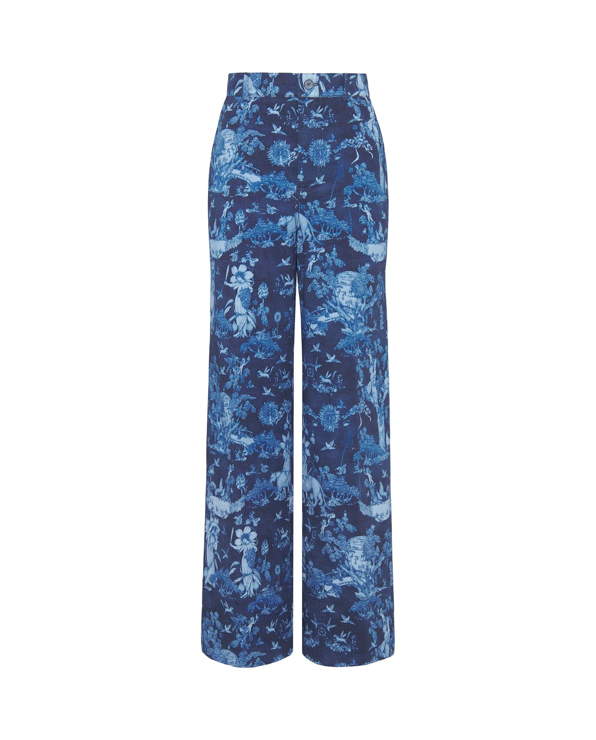 Pantalón denim estampado toile de jouy