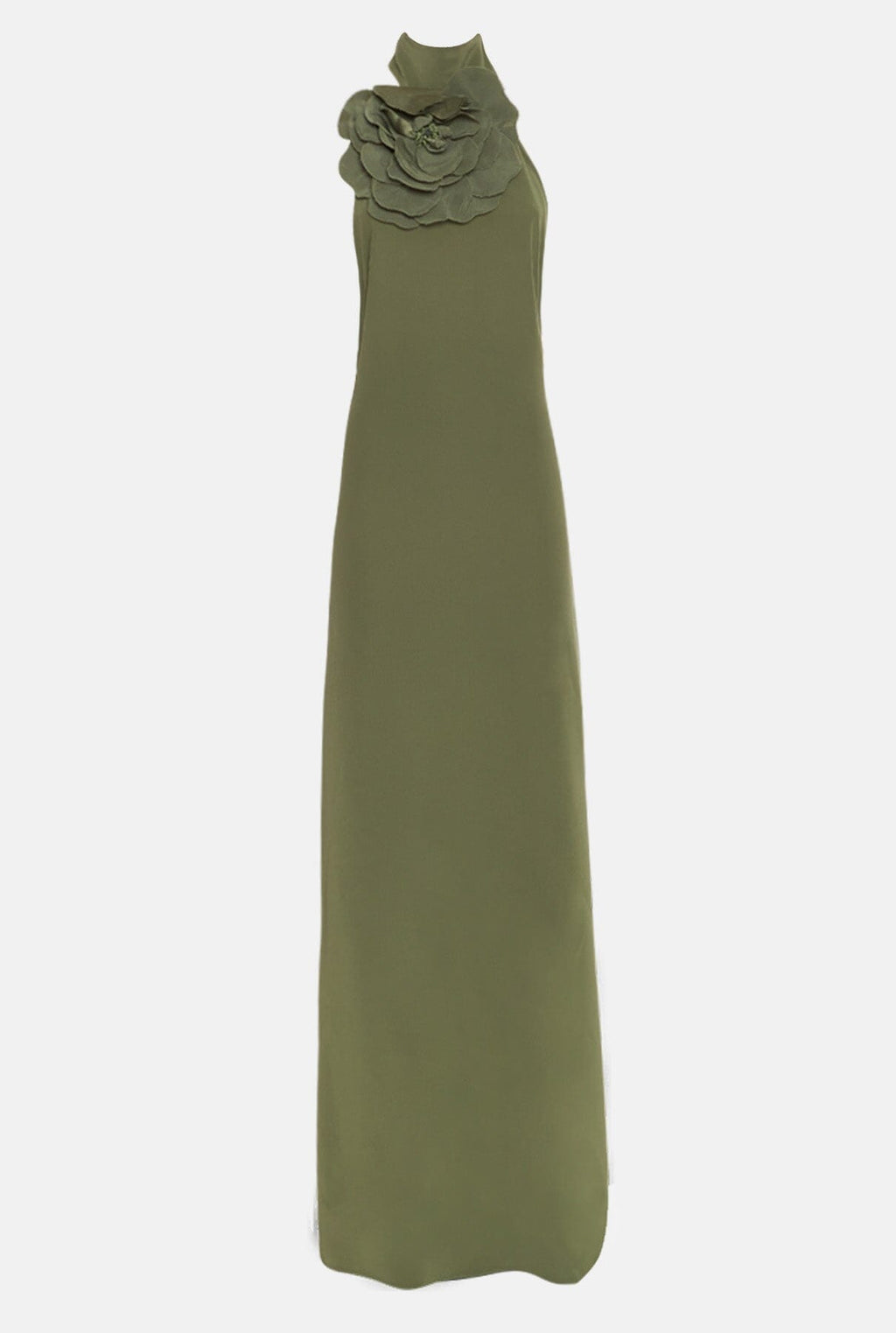 Vestido halter con flor verde caqui