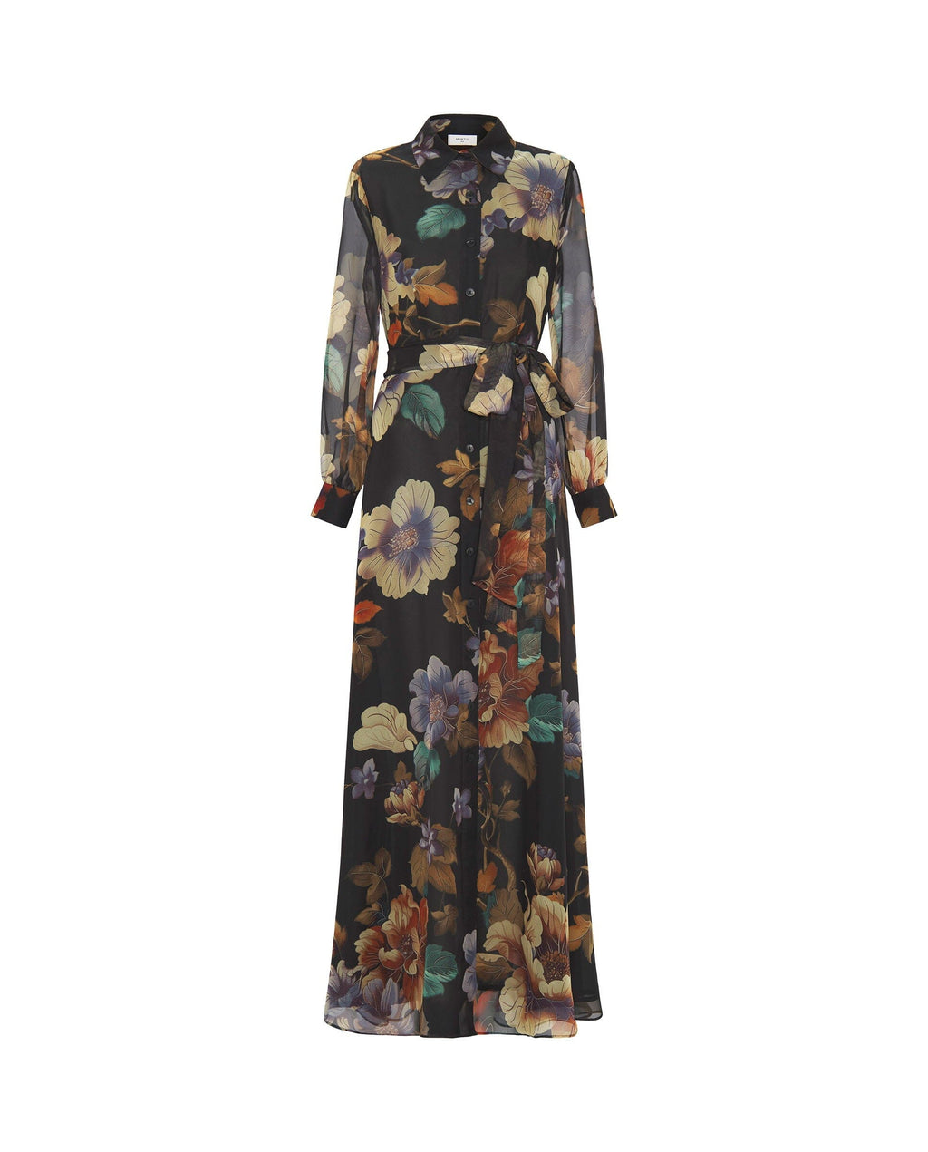 Vestido largo negro de gasa estampado floral