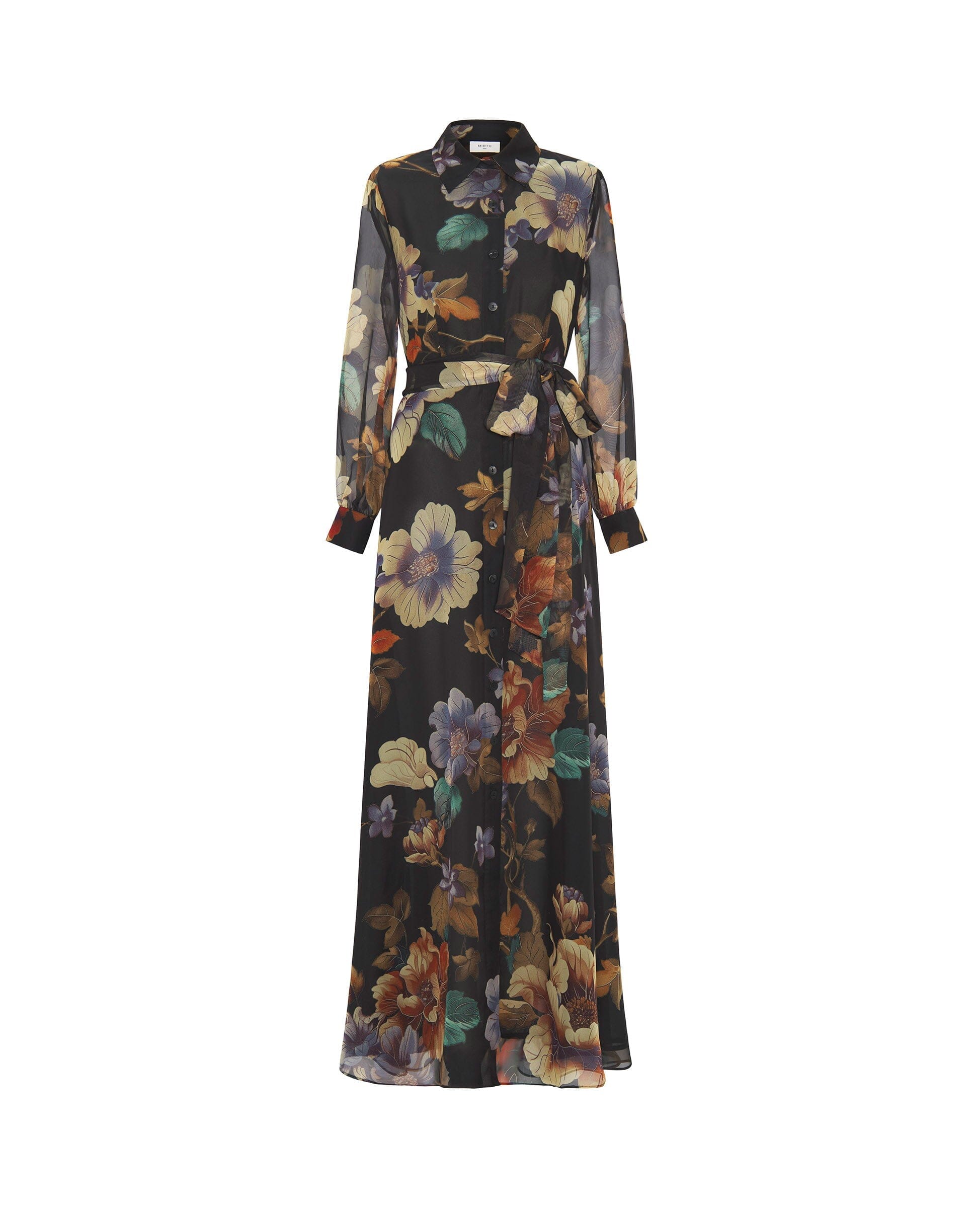Vestido largo negro de gasa estampado floral